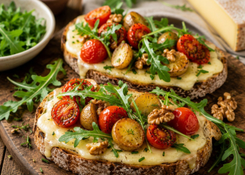 Tartines d’été au Morbier, tomates rôties et miel